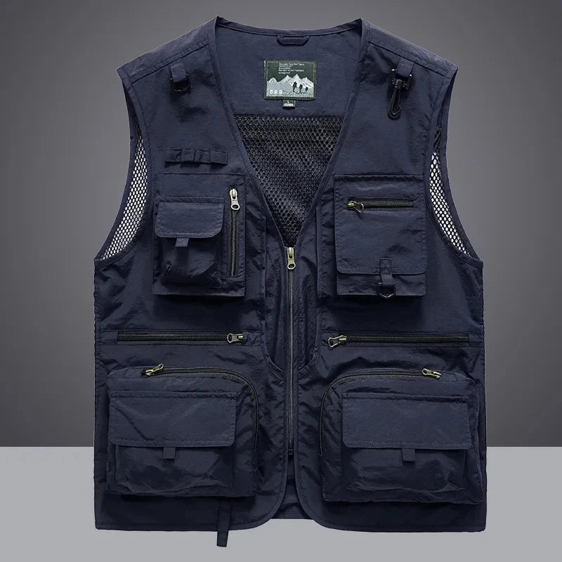 2025 New Men'S Vest Tactical Webbed Gear Coat Summer Photographer Waistcoat Tool Many Pocket Mesh Work Sleeveless Jacket Male