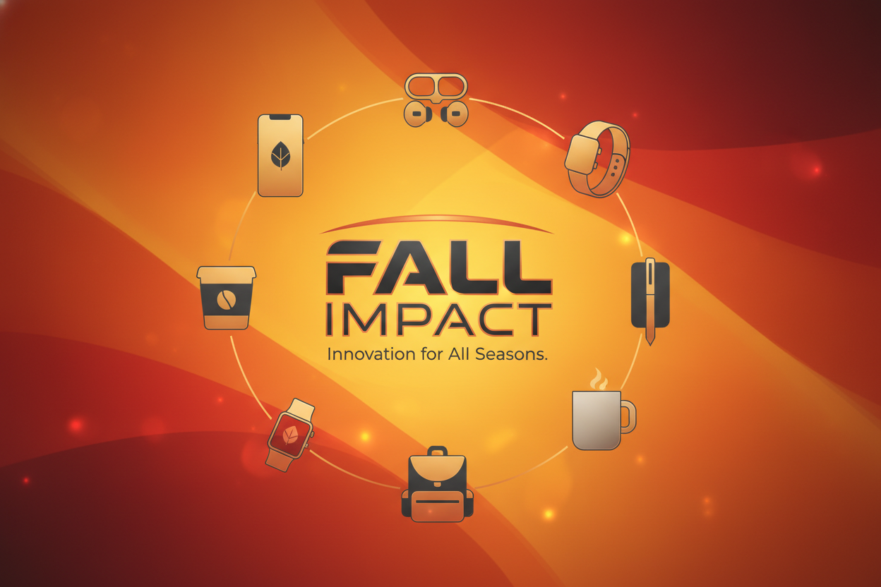 Un design épuré et moderne avec un fond lumineux et harmonieux, utilisant des tons chauds et dynamiques (orange, jaune, rouge). Au centre, le logo Fall Impact en taille visible, avec une typographie élégante et professionnelle. Autour, des représentations stylisées et minimalistes de la diversité des produits (gadgets technologiques, accessoires, objets du quotidien), disposées de façon équilibrée pour illustrer la variété sans encombrer l’image. L’ensemble transmet un message clair de professionnalisme, in